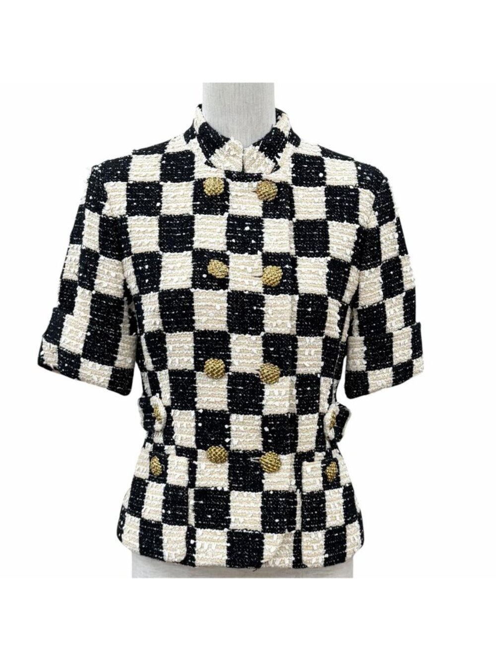 Gucci Block Check Ribbon Tweed Short Sleeve Jacket Black Ivory IT 40